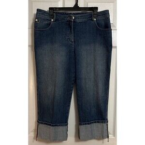 St John Designer Cuffed Capri Blue Jeans Studs & Bling Medium Wash Luxury, Sz 12